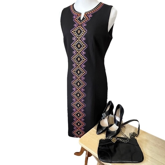 Peter Nygard Black Stretch Sheath Dress Aztec Embroidered Pattern - Picture 9 of 15